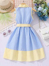 1pc Toddler Girls' Cute Casual Elegant Striped Dress With Turn-Down Collar And Bow Belt, For Travel And Summer Vacations
